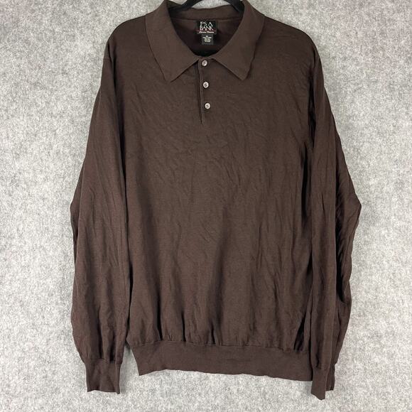 Jos A Bank 100% Silk Polo Sweater Mens XL Brown Long Sleeve Signature Grandpa - Picture 1 of 11